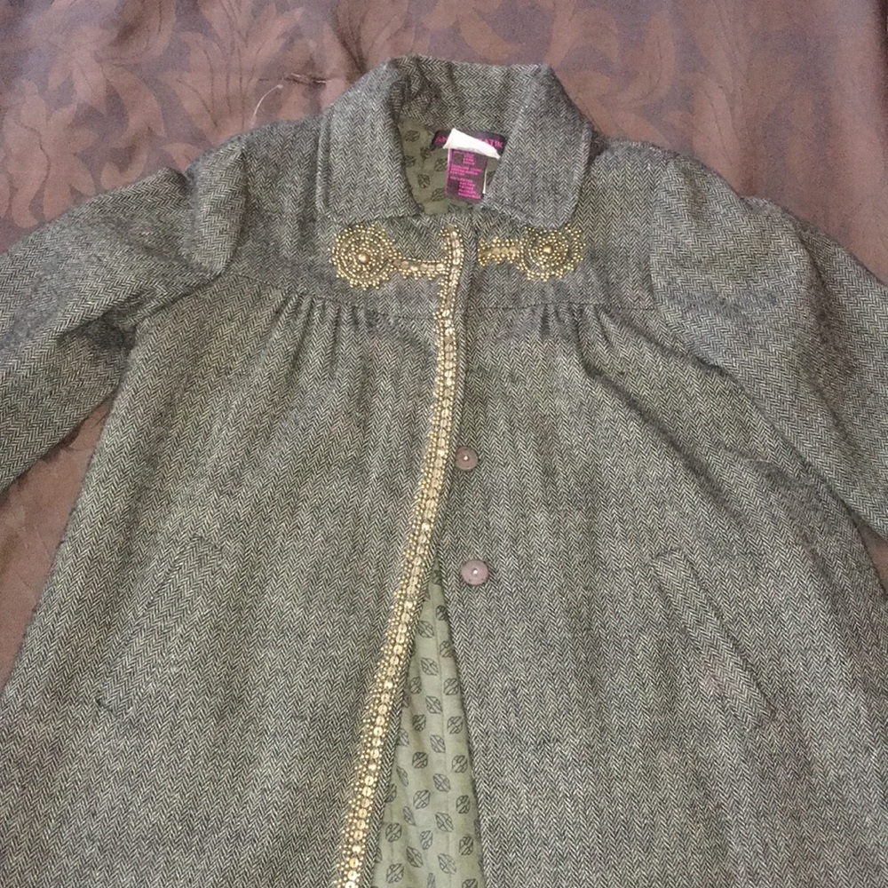 Army green herringbone coat with gold details